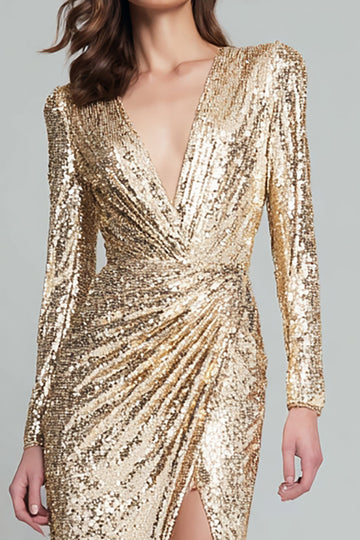 Sparkly Light Gold V-Neck Long Sleeve Sheath Formal Dress With Slit